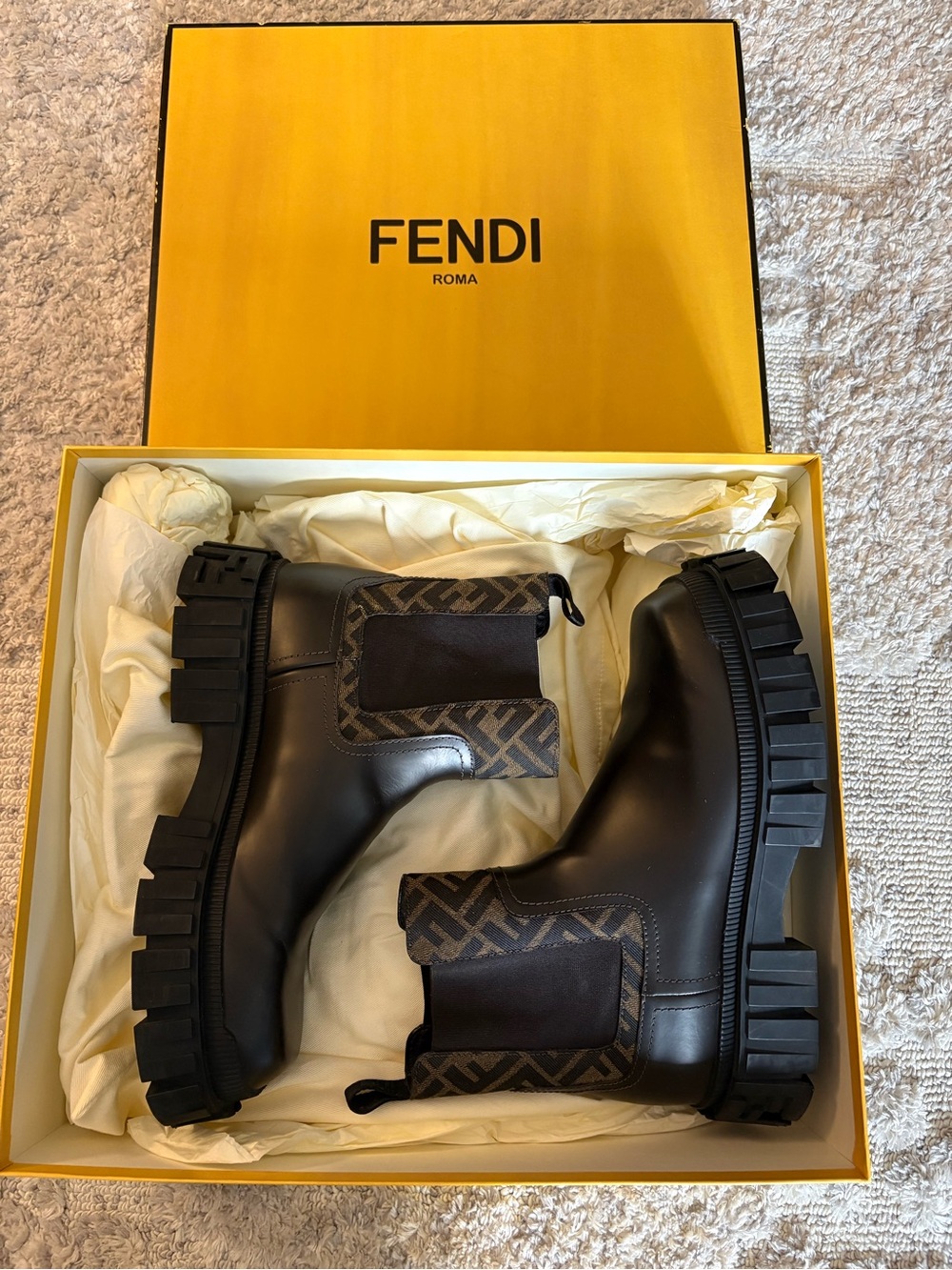 Fendi Men’s Black Leather Chelsea Boots with Brown FF Trim